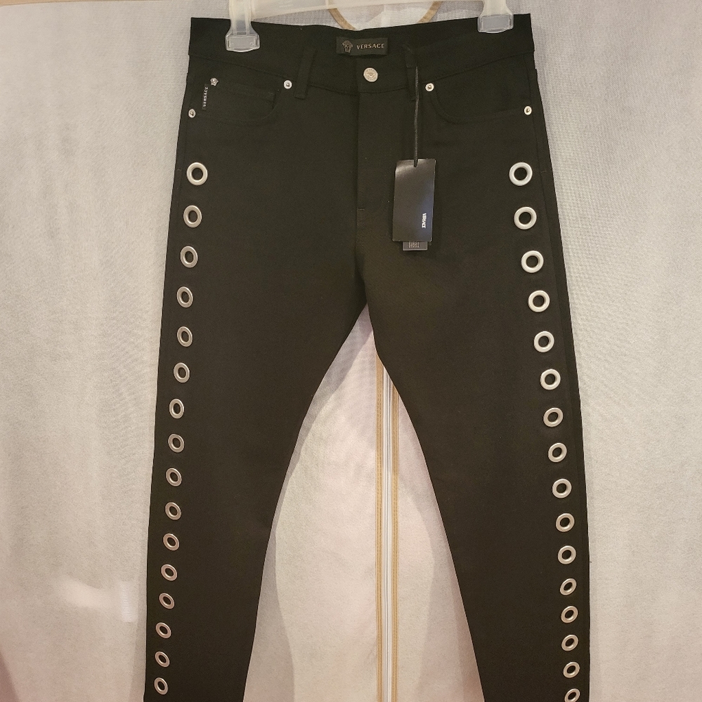 VERSACE Multiple Silver Tone Eyelets Jeans